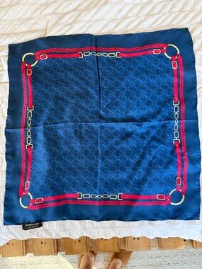 Ralph Lauren Navy Blue Silk Scarf with Red and Gold Tack Detail